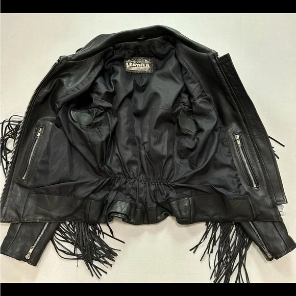 VTG Women’s Pro-Sports Leather Moto Jacket Fringe Conchos Roses Cinched Waist - Picture 12 of 15